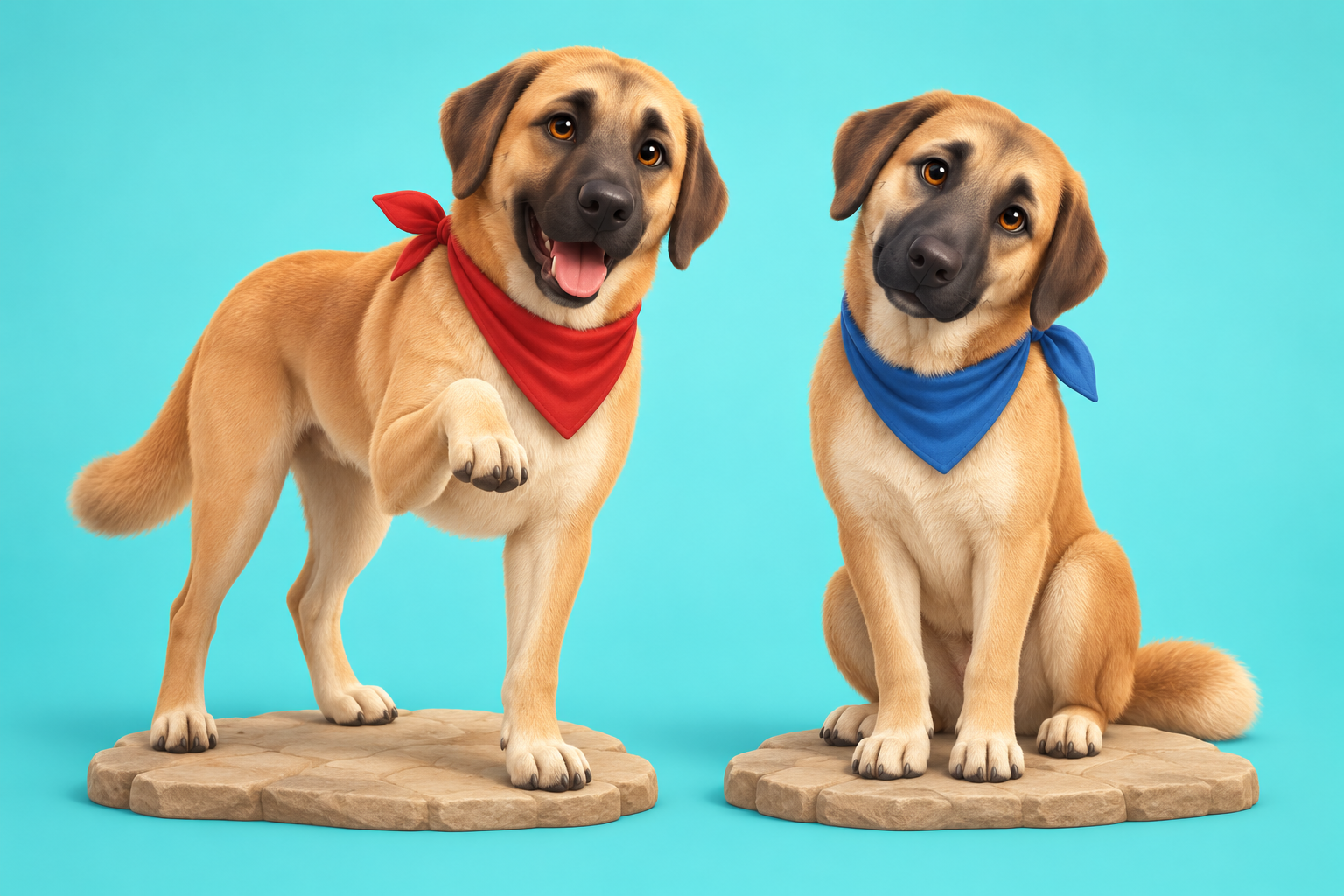 Two cartoon versions of our tan dog wearing red and blue bandanas